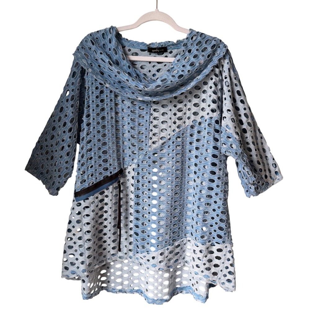 Yushi Open Knit Laser Cut Tunic Top Cowlneck Blue Art To Wear Lagenlook Artsy XL